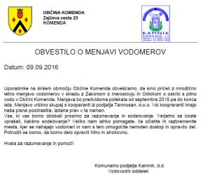 OBVESTILO O MENJAVI VODOMEROV